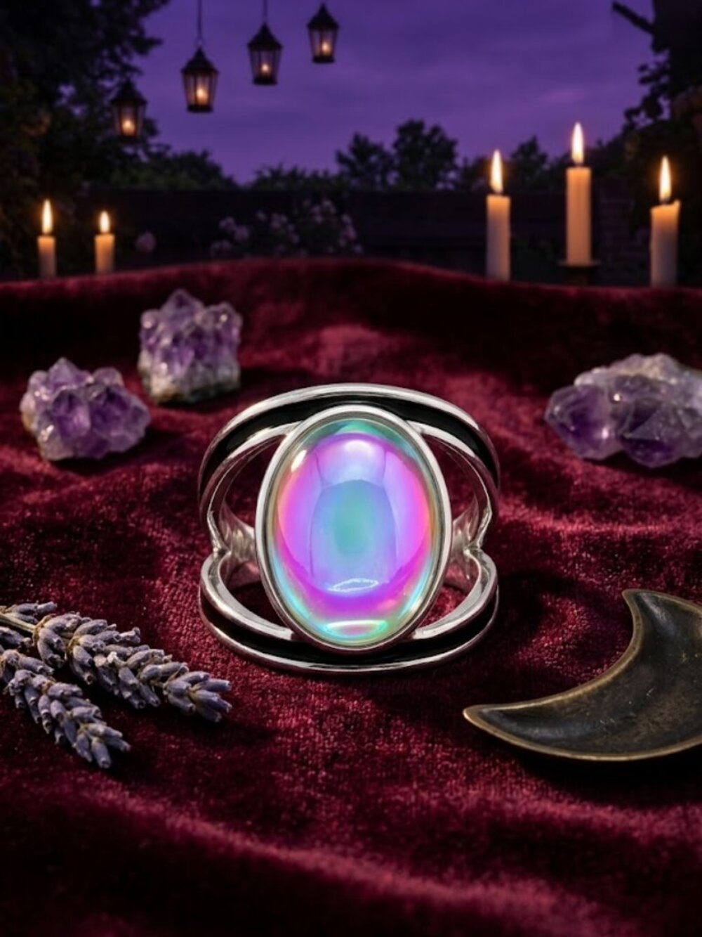 Aurora Crystal Silver Split Shank Oval Statement Ring Whimsigoth Celestial Sz 9